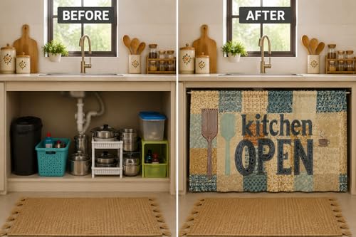 Image of Barebeauty Premium Printed Kitchen Sink Curtain | Kitchen Under Sink Curtain | Decorative Cabinet Cover | Washable & Dustproof | Modern Curtain (2, Design-12)