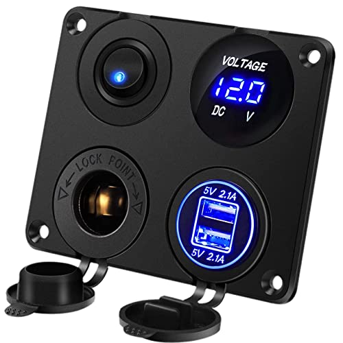 Panel de enchufes 4 en 1, Incluye 2x cargador USB + Toma de Corriente cigarrillos 12V + Voltímetro de LED + Interruptor ON/OFF, Panel multifuncional vehículos, Panel control 4 en 1, azul