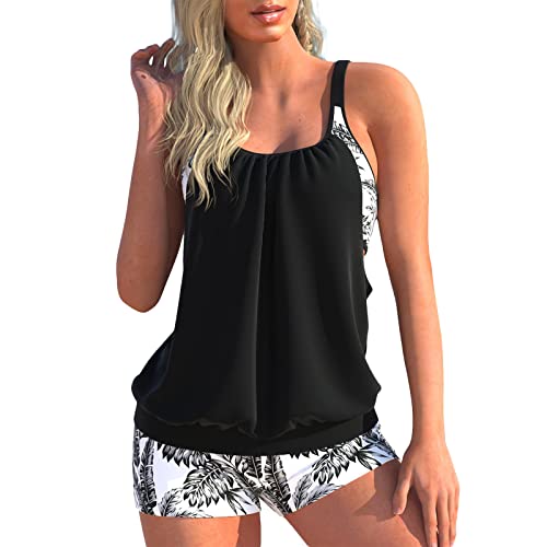 IHCEMIH Swimming Costume Women Tankinis Sets Blouson Swimsuits Push up High Waisted Swimwear Bathing Suit Women's Printed Beachwear 2 Piece Tankini with Shorts for Ladies UK Black XXL
