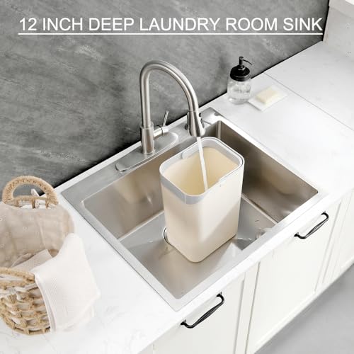 BoomHoze 25 Inch Laundry Sink with Faucet Combo, Drop in 16 Gauge Stainless Steel Laundry Room Utility Sink 12 Inch Deep Single Bowl Basin and Soap Dispenser