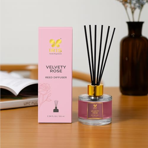 Image of IRIS Aroma Reed Diffuser - 100ml | Elegant Home Fragrance with 6 Fiber Reeds, Glass Round Bottle with Gold Cap | Aroma Diffuser for Cozy Decor & Gifting (Velvety Rose)