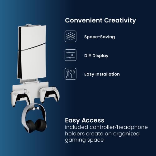 Image of HOSS PS5 Wall Mount Stand - Space-Saving & Ventilated Design for PlayStation 5,Slim Disc and Digital Edition, Controller & Headset Holders, Easy Installation (White)