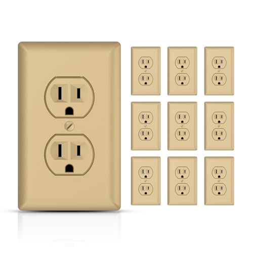 TOPELER Duplex Wall Receptacles 15A Standard Electrical Power Socket for Commercial and Residential Non-Tamper Resistant Outlet w/Plate 2 Pole 3-Wire Self-Grounding UL Listed Gold 10 Pack