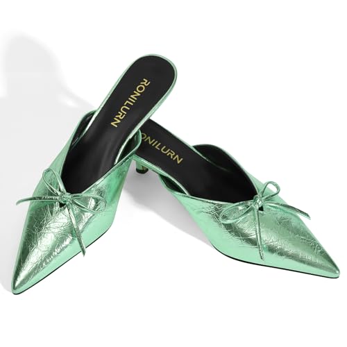 Image of Kitten Heels for Women Heeled Mules Stiletto Pumps Bow Closed Toe Pointed Toe Low Heel Slip on Fashion Metallic Backless Prom Party Dressy