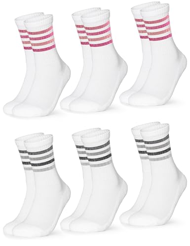 Occulto Damen Retro Tennissocken 80% Baumwolle 6er Pack (Modell: Steffi) Pink Grau Glitzer 35-38