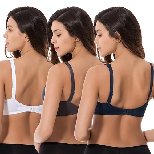 Image of Curve Muse Plus Size Minimizer Underwire Unlined Bra with Embroidery Lace-3Pack-Navy,White,Slate-40D