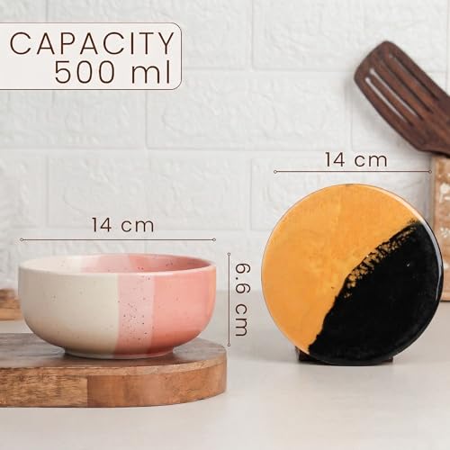Image of The Earth Store TT Pink Matte Ceramic Bowl Serving Set - 3 Bowls (500ml Each) with Wooden Tray, 3 Spoons & 3 Multipurpose Lids /Coaster - for Snacks, Curries, Desserts & Fruits | Diwali Gift
