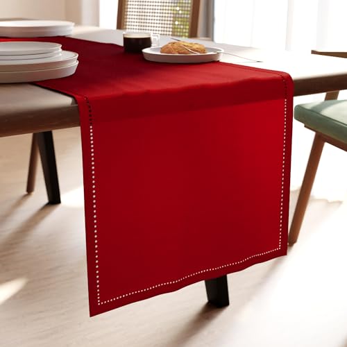 Image of Encasa Homes Pure Cotton Hemstitched Table Runner for 8 seater Dining of Size 32x230 cm - Red | Decorative Cloth for Party, Home, Cafes, Restaurant & Hotels - Machine Washable