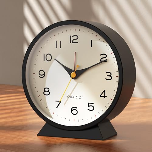 Image of AYRELY 4.5 inch Analog Alarm Clock,Small Retro Desk Clock Battery Operated,Silent Metal Table Clock with Light for Living Room Decor,Bedroom,Bedside,Shelf (Black)