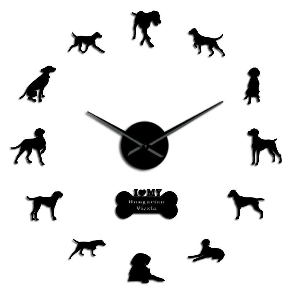 Horloge murale sans cadre 3D argentée miroir grand format thème Magyar Vizsla