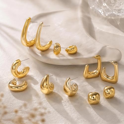 FIRSTGIFT 14 Pairs Chunky Gold Earrings, Gold Chunky Earrings Hoop - Statement Chunky Hoop Earrings for Women, Trendy Gold Hoop Earrings for Women as Daily & Party Jewelry (Classic) — view 2