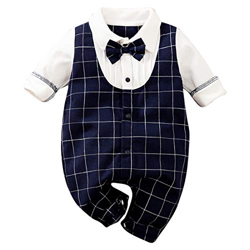 RELABTABY Newborn Baby Boys Long Sleeve Tuxedo Plaid Bow Tie Gentleman Formal Suit Jumpsuit Overall Romper Wedding Outfit