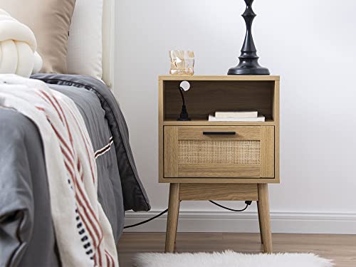 Labcosi Rattan Nightstand, Set Of 2, Wooden Bedside Tables With Charging Station, Mid Century Modern End Table For Living Room And Bedroom, Natural Wood Side Table With Storage Drawer #TOP4