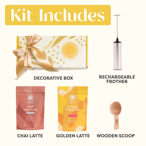 Clevr Blends Starter Kit (2-Pack) Chai Tea & Golden Turmeric Powder Superlattes Instant Latte Mix Oat Milk Coconut Creamer, Lion’s Mane Reishi Mushrooms, Organic Spices, Probiotics, Includes Frother #TOP2