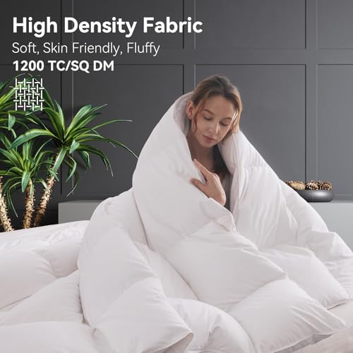 Image of L LOVSOUL Goose Feather Down Fiber Comforter Queen Size, 100% Organic Cotton Fabric Duvet Insert,1200TC,750+Fill Power, Hotel Collection, All Season White Bedding Comforters with 8 Tabs