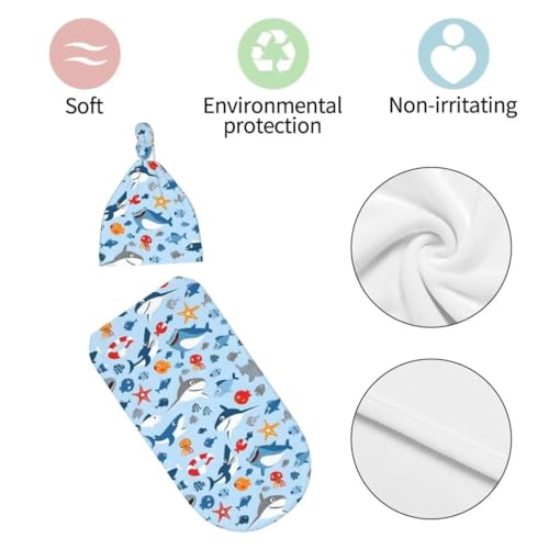 Image of Cartoon Sharks Ocean Newborn Swaddling Blanket Beanie Hat Sets Soft Baby Receiving Funny Blanket Soft Sleeping Bag New Born Soft Sleep Sacks for Boys Girls