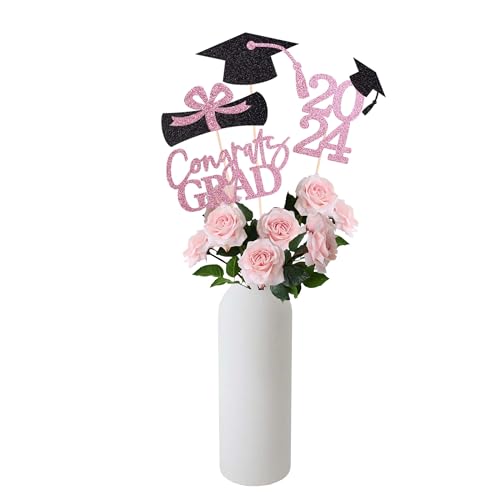 Gexolenu 16 PCS Pink and Black Double-Sided 2024 Graduation Centerpieces for Tables, 2024 Table Toppers Party Centerpiece Sticks Party Supplies, Graduation Party Decorations Class of 2024, Set of 4