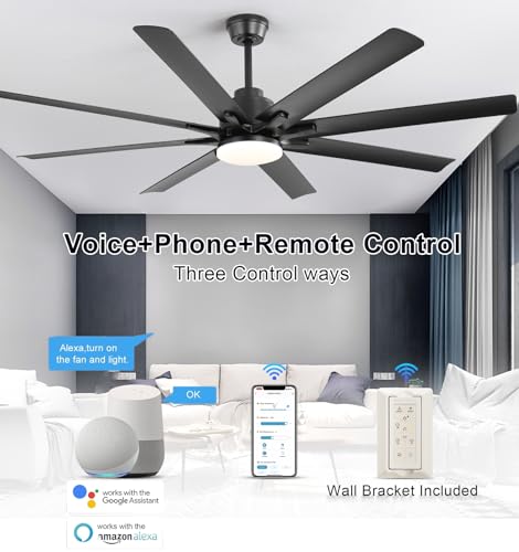 Image of Sofucor 66 inch Smart Ceiling Fans with Lights, Indoor /Outdoor Ceiling Fan with Light and Remote, Compatible with Alexa /Google /App, Reversible DC Motor, 8 Blade Black Ceiling Fan Light for Patio Bedroom