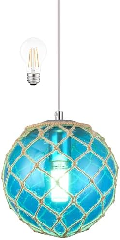 Blue Pendant Light Coastal Pendant Light Nautical Pendant Lighting Beach House Lighting Fixtures Ocean Lighting Fixture Coastal Hanging Light Fixtures Fish Float Glass Ball Lighting(Bulb Incl.