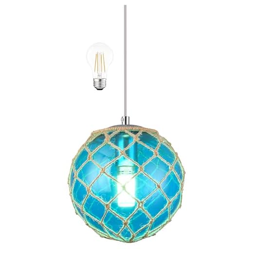 Blue Pendant Light Coastal Pendant Light Nautical Pendant Lighting Beach House Lighting Fixtures Ocean Lighting Fixture Coastal Hanging Light Fixtures Fish Float Glass Ball Lighting(Bulb Incl.