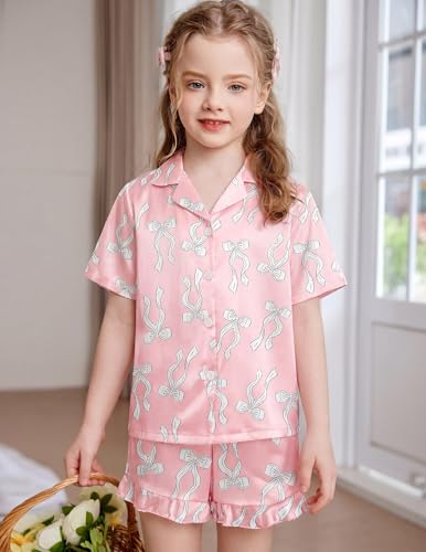 Image of Arshiner Girls Pajamas Silk Satin Pajama Set Button Pjs Ruffle Sleepwear | 2 Piece Nightwear, Silky Soft Lounge for Little & Big Kids, Ideal for Sleeping and Sleepover Party