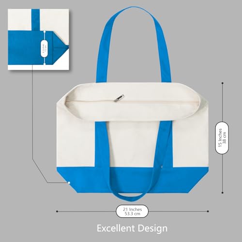 Image of TOPDesign 1-Pack Canvas Tote Bag with an External Pocket, Reusable Grocery Shopping Bag, Top Zipper Closure, Daily Essentials (Ocean Blue /Natural)