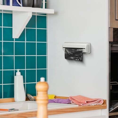Image of balacoo Hanging Trash Bag Dispenser with 2 Hooks - Wall Mounted Garbage Bag Holder Organizer for Kitchen Bathroom Laundry Room Storage Compact 7.20X2.67X1.96In Plastic Trash Container