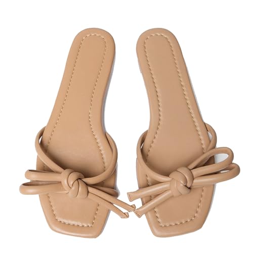 Arqa Women's Flat Slide Sandals with Knotted Bow Soft Leather Slip On Flat Sandals Square Open Toe Slide for Wedding Dressy Party Daily Wear