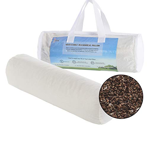 Lofe Buckwheat Bolster Pillow for Sleeping, Organic Cotton Zippered Shell, Adjustable Cylindrical Medium