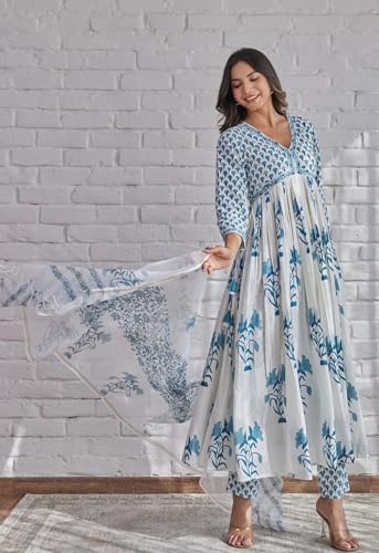 Image of ANNI Designer Women's Rayon Blend Printed Anarkali Kurta with Pant & Dupatta