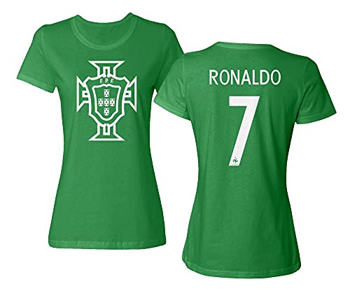 Flaura European Soccer 2020 Portugal #7 Cristiano Ronaldo Jersey Style Ladies Crewneck T-Shirt (Green, Medium)