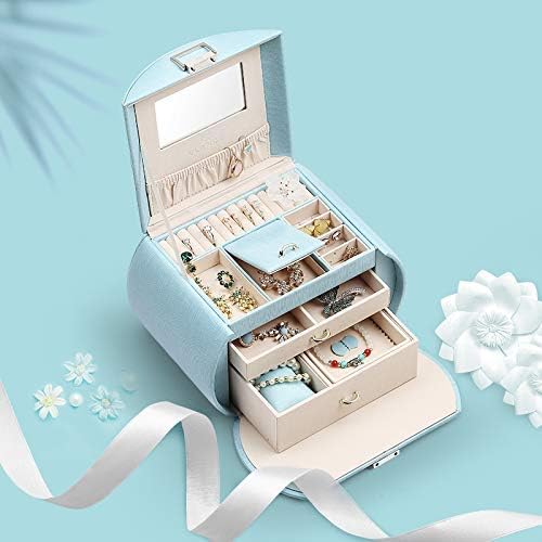Vlando Jewellery Box for Girls, Jewelry Storage Case with 2 Pull-out Drawer & Mirror for Ring Bracelet Necklace Earring and Hair Ornaments, with Greeting Card, Easter Presents for Children & Women (Blue)
