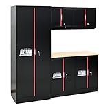 S.Walt Pre-Assembled Garage Storage Cabinet System, No Assembly Required, 6-Piece Workshop Cabinet Set in Black & Red with LED Lights, Wood Worktop, Key Locks, Adjustable Doors and Legs