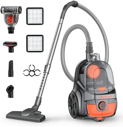 Aspiron Canister Vacuum, Upgraded 1600W Bagless Canister Vacuum Cleaner, Auto Cord Rewind, H13 HEPA Filter, 4Qt Large Capacity, 5 Tools for Hard Floors, Carpet, Pet, Upholstery, Tiles, Apricot - Thumbnail 4