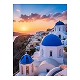 GVYGVY Kits de arte de diamantes para adultos – Santorini Sunset Blue Domes Scenery DIY Kits de pintura de diamantes sin marco para adultos principiantes, kit de pintura de diamantes de 12 x 16
