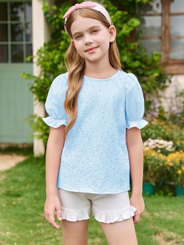 Girls Floral Puff Short Sleeve Shirts Summer Cute T Shirts Tops 5-14 Years2