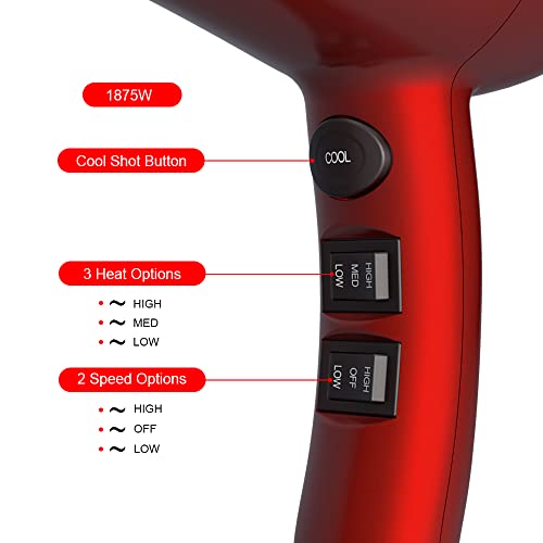 1875W Professional Ionic Hair Dryer, Salon Lightweight Blow Dryer, 2 Speed And 3 Heat Settings, Powerful Ceramic Fast Dryer With Diffuser, Concentrator And Comb, Red #TOP2