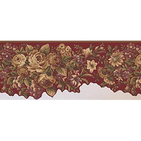 Yellow Violet Flowers Peony Daisies Grapes Wine Red Wallpaper Border Retro Design, Roll 15' x 10" Cover