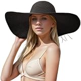 Floppy Big Beach Straw Hats for Women Foldable Summer Wide Brim Packable Oversized Sun Hat Womens Travel Straw Fedora Hat, Black-1