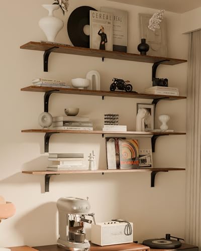 Image of Rustic Wood Floating Shelves Set of 4, 48Inch Long Wood Rustic Farmhouse Wall Shelves, Easy-to-Install Hanging Shelves for Living Room, Kitchen, andBathroom, 50lbs Capacity (Brown, 4T48IN)