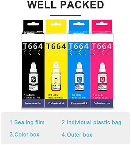 UniPlus ET-2650 Ink Refills 664 Ink Bottle Compatible for Epson EcoTank T6641 T6642 T6643 T6644 Work for ET-2550 ET-2500 ET-4500 ET-2600 ET-4550 ET-3600 L355 L555 ET-16500 ET-14000, 70mL, 4 Pack