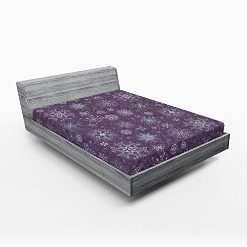 Ambesonne Eggplant 2 Pack Fitted Sheet, Xmas Snowflakes Floral, Bed Cover All-Round Elastic Deep Pockets 2 Pieces, Package Contains 2 Queen Size Fitted Sheets, Violet White