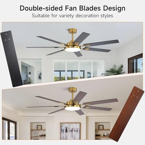 Image of 64 Inch Ceiling Fans with Lights and Remote, Bedroom Living Room Office Library Cafe Outdoor Industrial, 5CCT Dimmable, Dual Color 7 Blades, 6 Speed Reversible Quiet DC Motor, Gold /Wood Grain