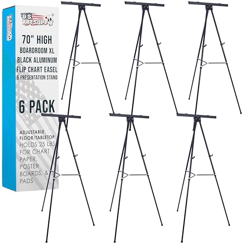 U.S. Art Supply 70" High Boardroom XL Black Aluminum Flip Chart Easel & Presentation Stand (6 Pack) - Adjustable Floor/Tabletop, Portable Tripod, Holds 45 lbs, for Chart Paper, Poster Boards, & Pads