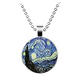 Retro Starry Night Half Moon Noctilucent Pendant Necklace Van Gogh Art Handmade Jewelry-N1