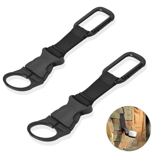 ZXZone 2PCS Bottle Buckle Clip Hanging Buckle Portable Water Bottle Ring Holder Keychain Mineral Water Bottle Clip for Backpack Belt Nylon Webbing Strap for Outdoor Tactical Camping Hiking(Black)
