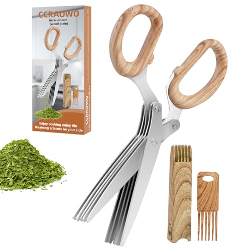 ccraowo 2024 New Herb Scissors Set - Wood Grain Pattern 5 Blades with Cover and Comb - Skin-Friendly Handle, Delicate Grip - Dishwasher Safe, Anti-Rust Stainless Steel for Cutting Fresh Garden Herbs