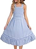 blibean Tween Girls Summer Dress Little Kids Sleeveless Plaid Sundress Teen Casual High Waist A Line Sun Dresses Junior Smocked Holiday Clothes Pockets Vestidos Niñas Size 6-7 Years Old Sky Blue