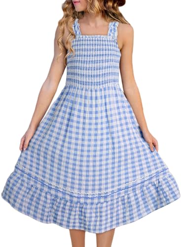 blibean Girls Summer Dresses Kids Sleeveless Plaid Dress Size 6-7 Blue