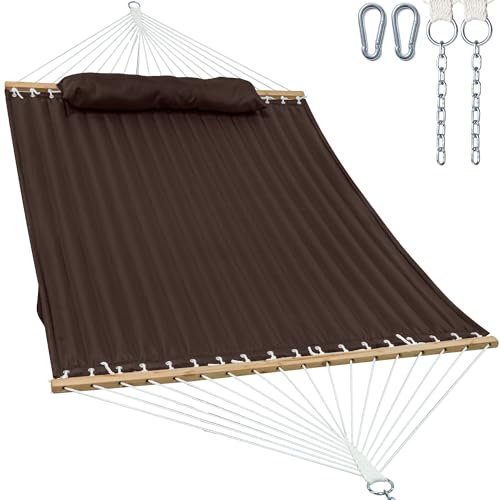 Image of GAFETE Hammock 2 Person Quilted Fabric Hammocks for Outside, Double 12ft Hammocks with Spreader Bar, Large Removable Pillow, Storage Bag, Carabiners, Max 475 lbs Capacity (Coffee)